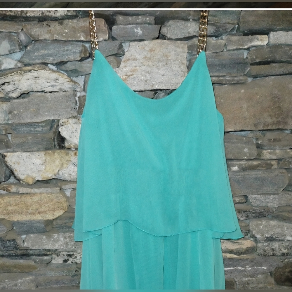 Explosion green aqua dress, flowy fabric, gold chain straps, size 6 - Picture 8 of 8